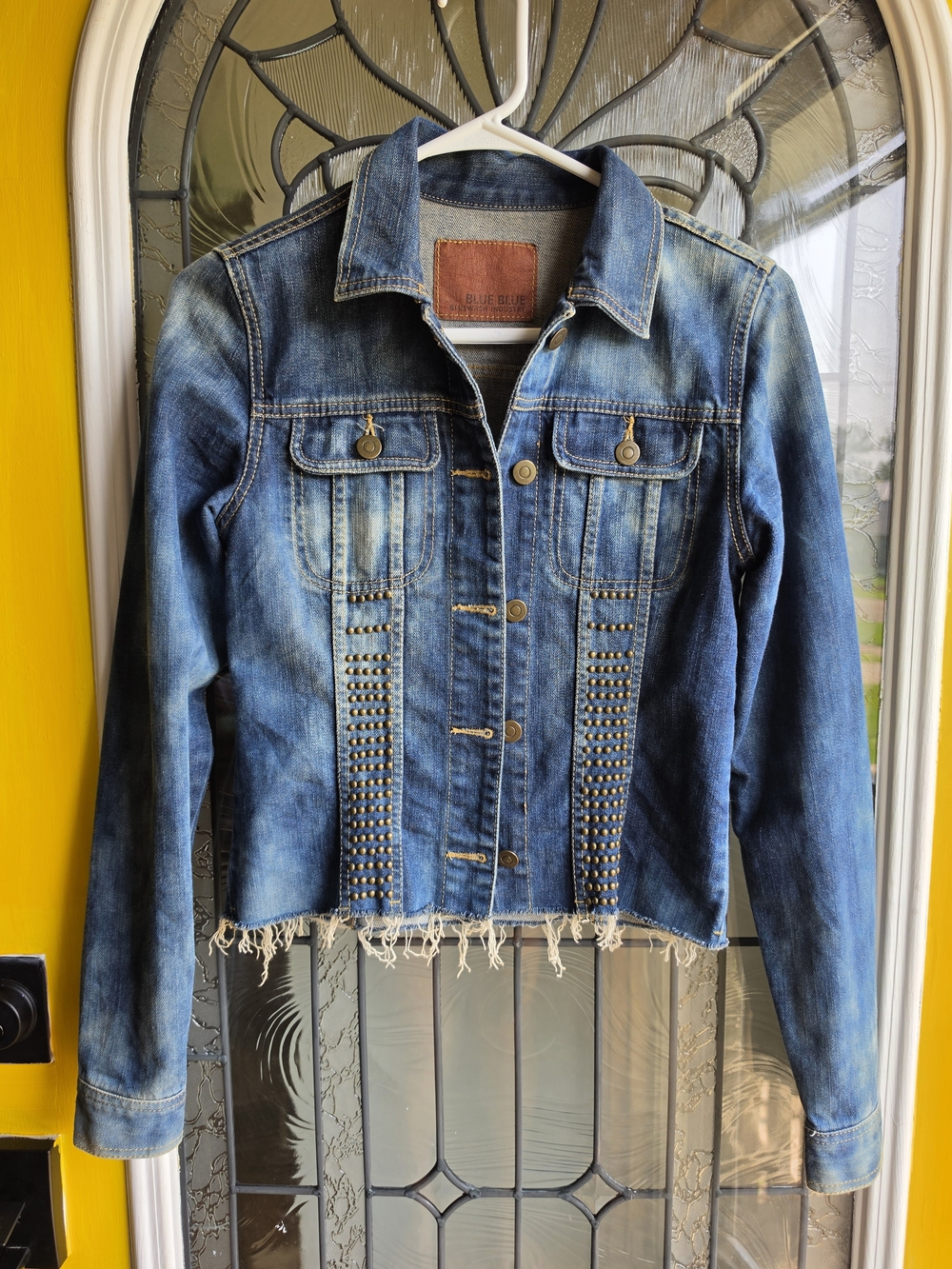 Studded Blue Denim Jacket with Frayed Hem